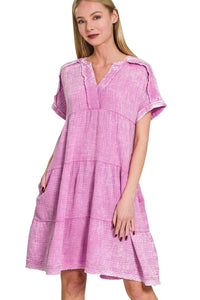 Zenana Washed Double Gauze Raw Edge V-neck Dress