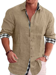 Men's Full Size Casual Linen Plaid-Trim Button Down Shirt Plus Size