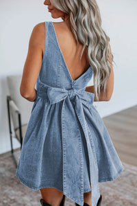 V-Back Bow Tie Denim Skater Dress