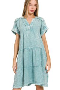 Zenana Washed Double Gauze Raw Edge V-neck Dress